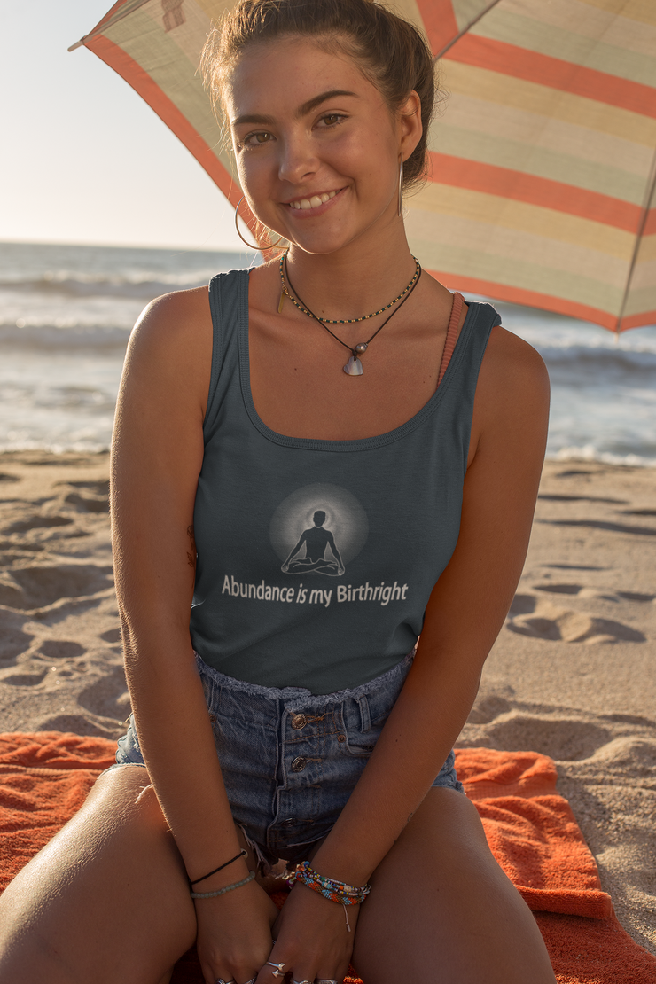 "Abundance is my Birthright" Positive Thought Brand Women's Racerback Tank (White Lettering)
