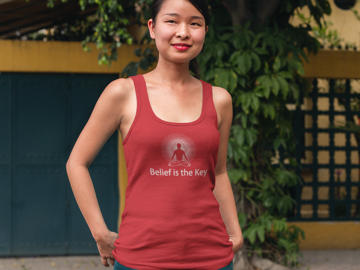 "Belief is the Key" Women's Racerback Tank (White Graphic)