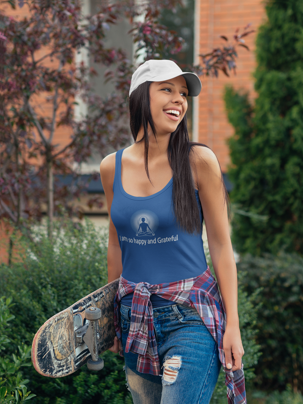 "I am so happy and Grateful" Positive Thought Brand Women's Racerback Tank (White Graphic)