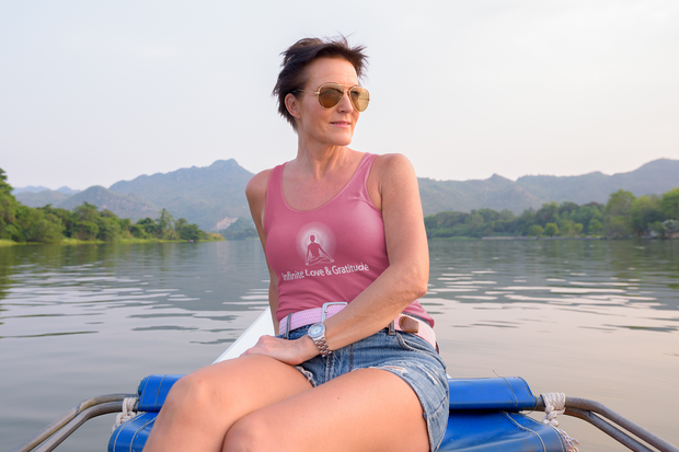 "Infinite Love and Gratitude" Positive Thought Brand Women's Racerback Tank (White Graphic)
