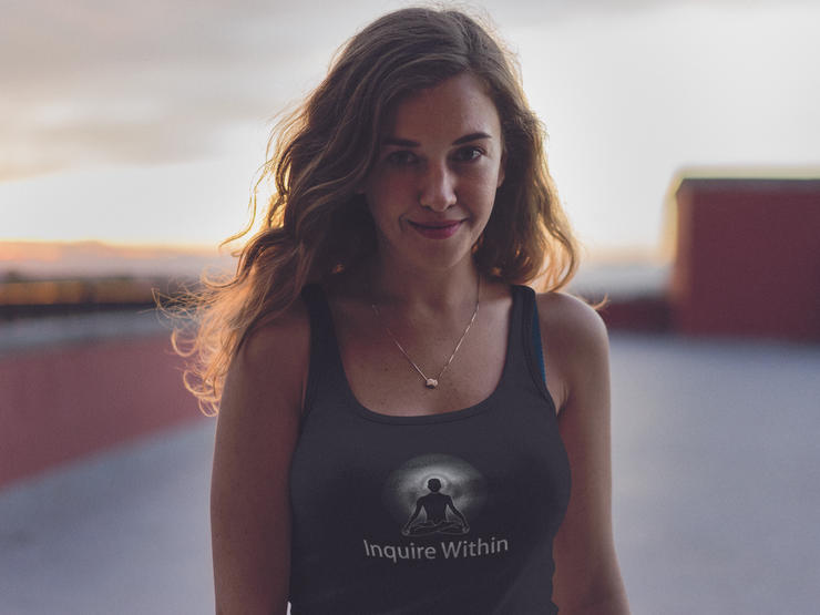 "Inquire Within" Positive Thought Brand Women's Racerback Tank (White Graphic)