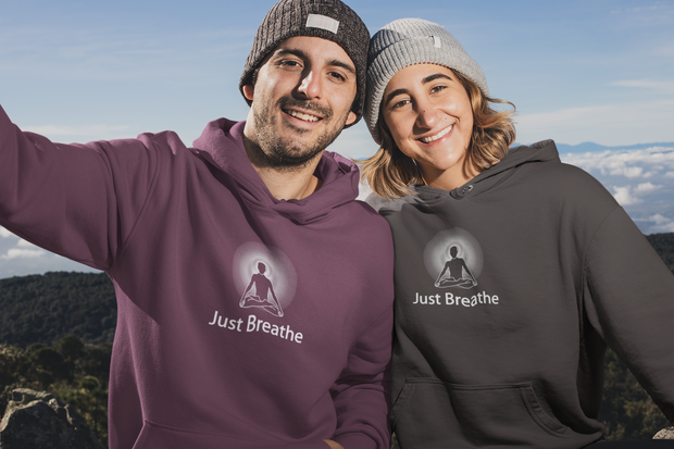 "Just Breathe" Positive Thought Brand Unisex Hoodie (White Graphic)