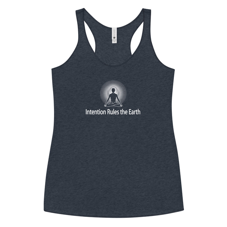 "Intention Rules the Earth" Positive Thought Brand Women's Racerback Tank (White Graphic)