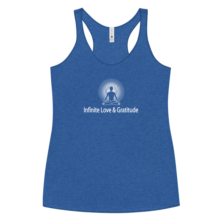 "Infinite Love and Gratitude" Positive Thought Brand Women's Racerback Tank (White Graphic)
