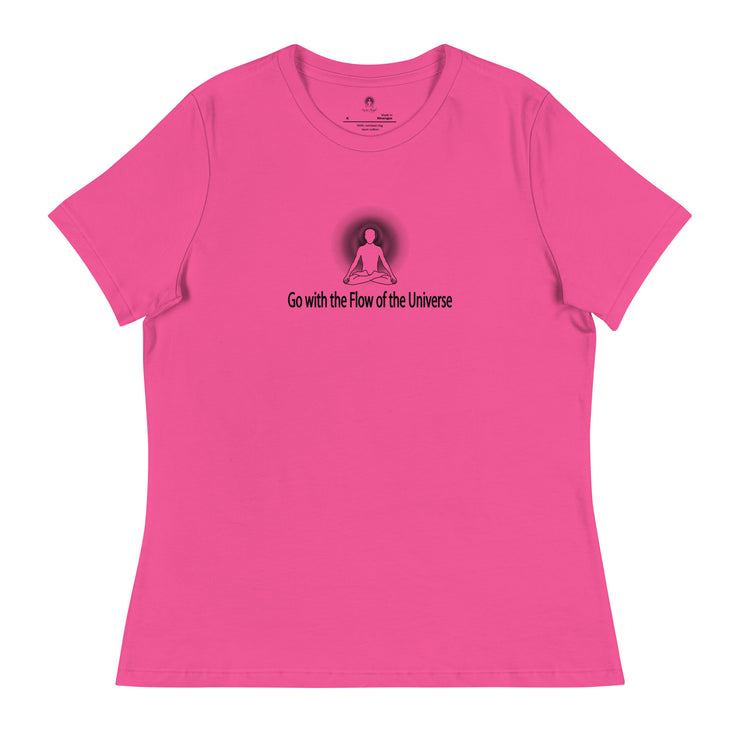 "Go with the Flow of the Universe" Positive Thought Brand Women's Relaxed T-Shirt (Black Graphic)