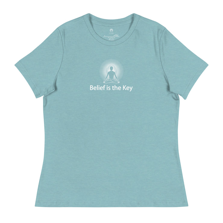 "Belief is the Key" Positive Thought Brand Women's Relaxed T-Shirt (White Graphic)