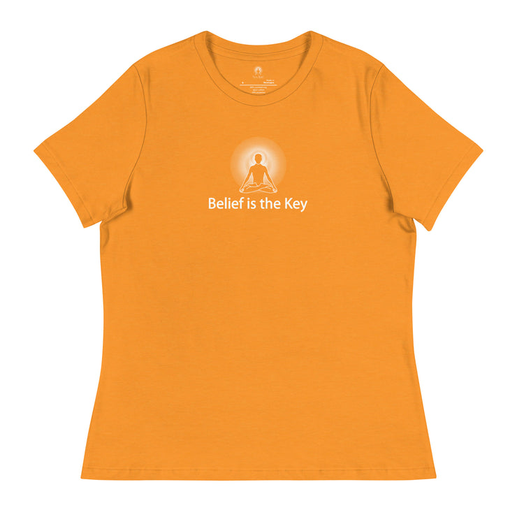 "Belief is the Key" Positive Thought Brand Women's Relaxed T-Shirt (White Graphic)