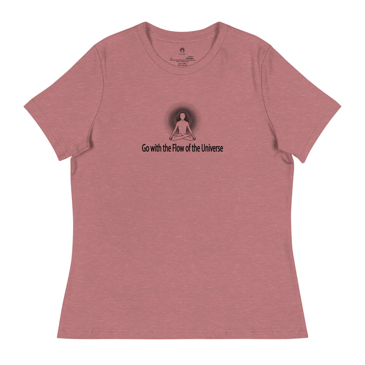 "Go with the Flow of the Universe" Positive Thought Brand Women's Relaxed T-Shirt (Black Graphic)