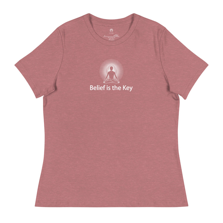 "Belief is the Key" Positive Thought Brand Women's Relaxed T-Shirt (White Graphic)