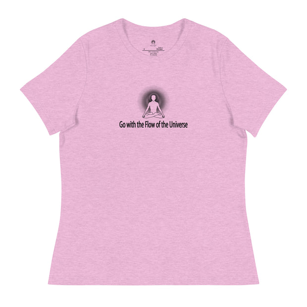 "Go with the Flow of the Universe" Positive Thought Brand Women's Relaxed T-Shirt (Black Graphic)