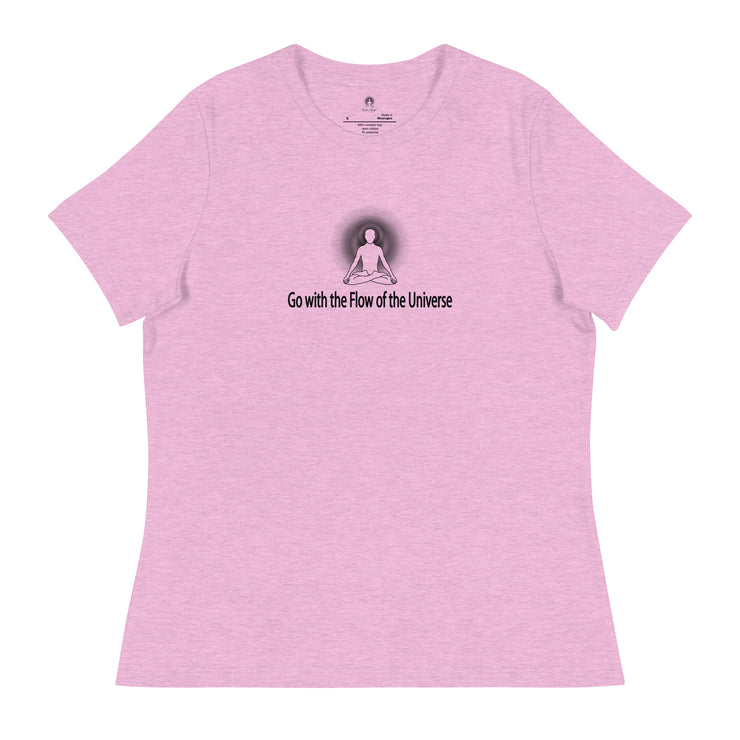 "Go with the Flow of the Universe" Positive Thought Brand Women's Relaxed T-Shirt (Black Graphic)