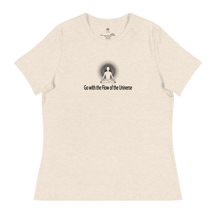 "Go with the Flow of the Universe" Positive Thought Brand Women's Relaxed T-Shirt (Black Graphic)
