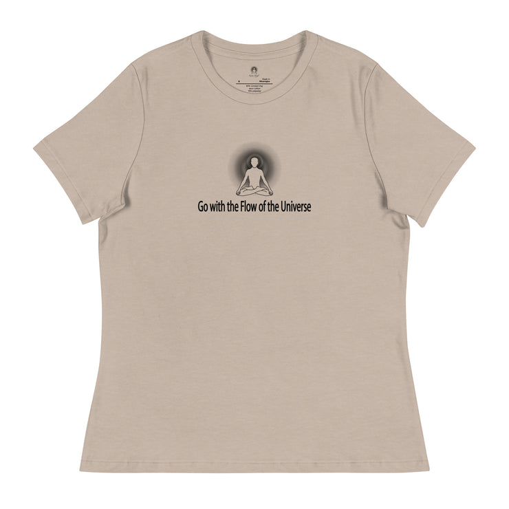 "Go with the Flow of the Universe" Positive Thought Brand Women's Relaxed T-Shirt (Black Graphic)