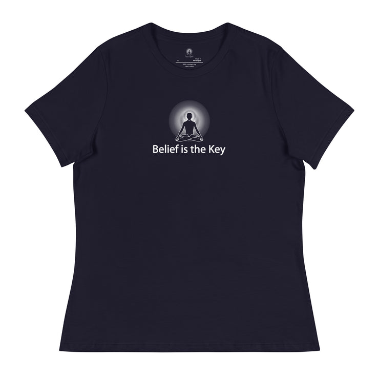 "Belief is the Key" Positive Thought Brand Women's Relaxed T-Shirt (White Graphic)