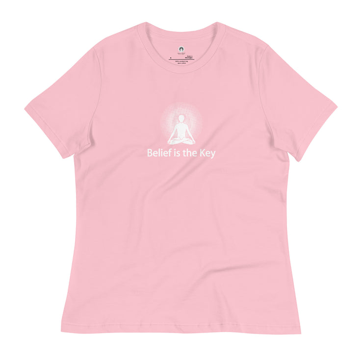 "Belief is the Key" Positive Thought Brand Women's Relaxed T-Shirt (White Graphic)