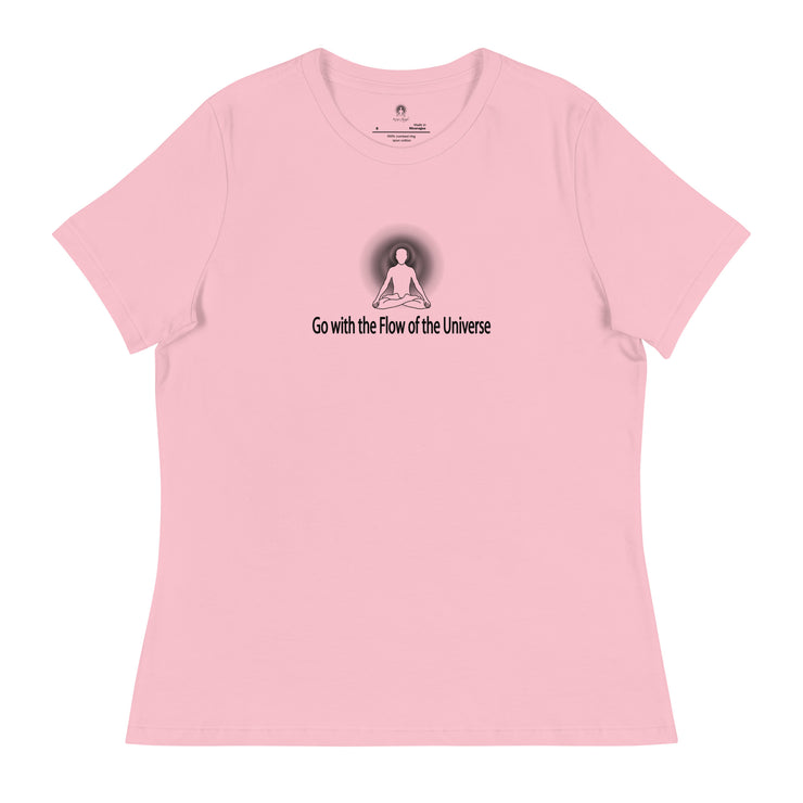 "Go with the Flow of the Universe" Positive Thought Brand Women's Relaxed T-Shirt (Black Graphic)