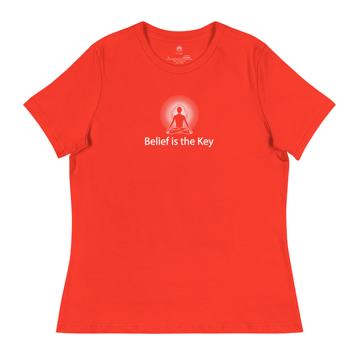 "Belief is the Key" Positive Thought Brand Women's Relaxed T-Shirt (White Graphic)