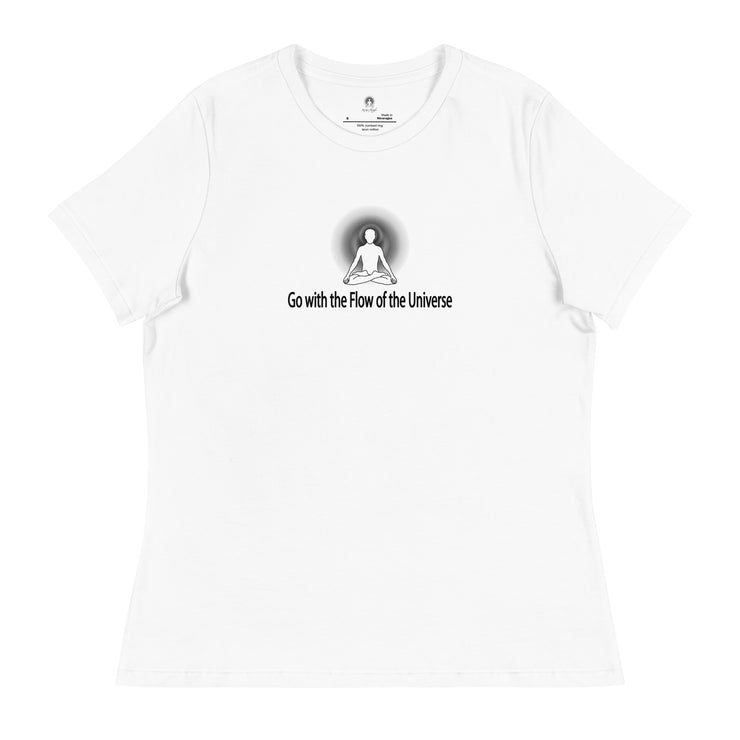 "Go with the Flow of the Universe" Positive Thought Brand Women's Relaxed T-Shirt (Black Graphic)
